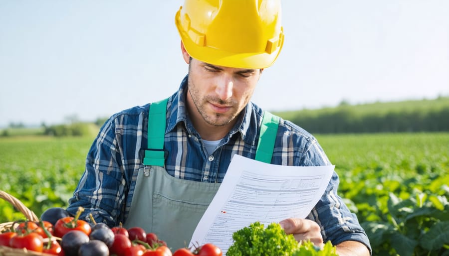Professional inspector and farmer examining organic certification paperwork in farm office