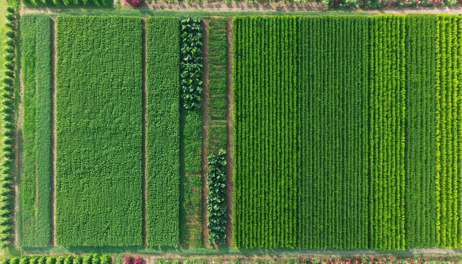 Aerial photograph of certified organic farmland with distinct field sections and natural boundaries