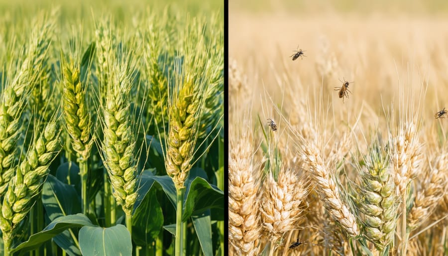 Side-by-side comparison showing the difference between pest-damaged wheat and pest-resistant wheat varieties