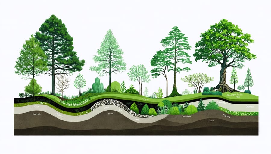 Illustrated cross-section of a traditional forest garden with pine tree as the central element