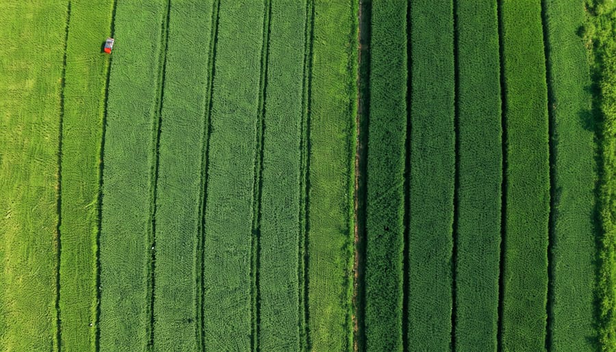Split-screen aerial photograph comparing precision agriculture fields with traditional farming methods