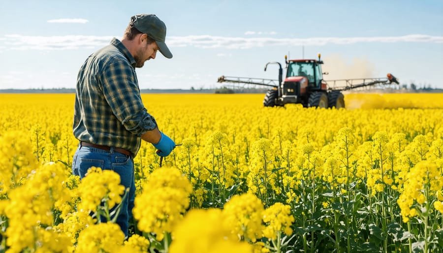Farmer examining healthy pest-resistant canola plants while standing next to idle pesticide sprayer