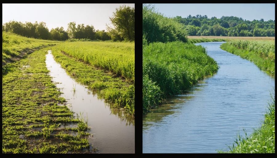 Side-by-side comparison of farmland waterway: bare edges versus established buffer strips with native vegetation