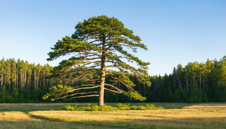 Ancient white cedar tree overlooking a traditional Indigenous agricultural area with companion plants growing beneath