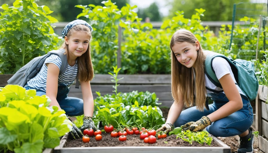 Elementary school children tending to vegetables in a community garden with their teacher