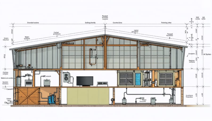 Technical illustration showing airflow patterns and cooling mechanisms in a climate-adaptive barn design