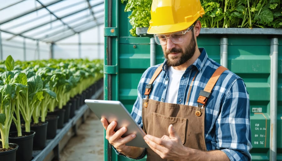 Agricultural technician analyzing vertical farm data on tablet interface inside shipping container farm