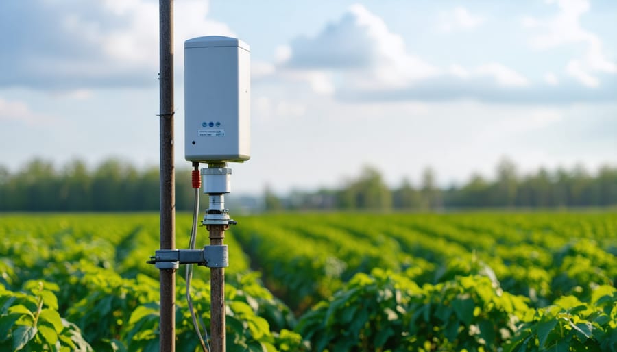 Smart irrigation sensors and weather monitoring equipment installed among trees