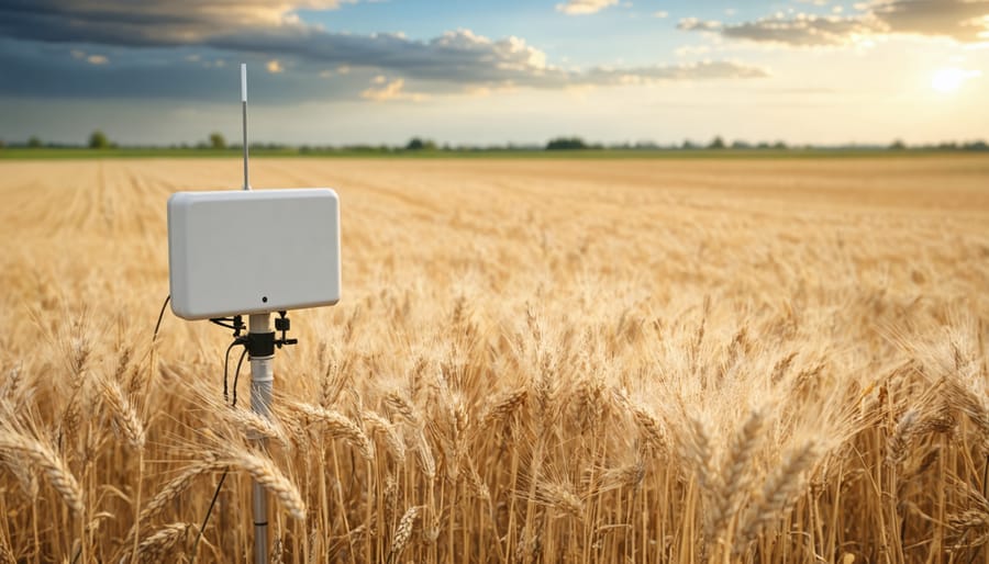 Smart sensors deployed across a prairie wheat field with weather monitoring station