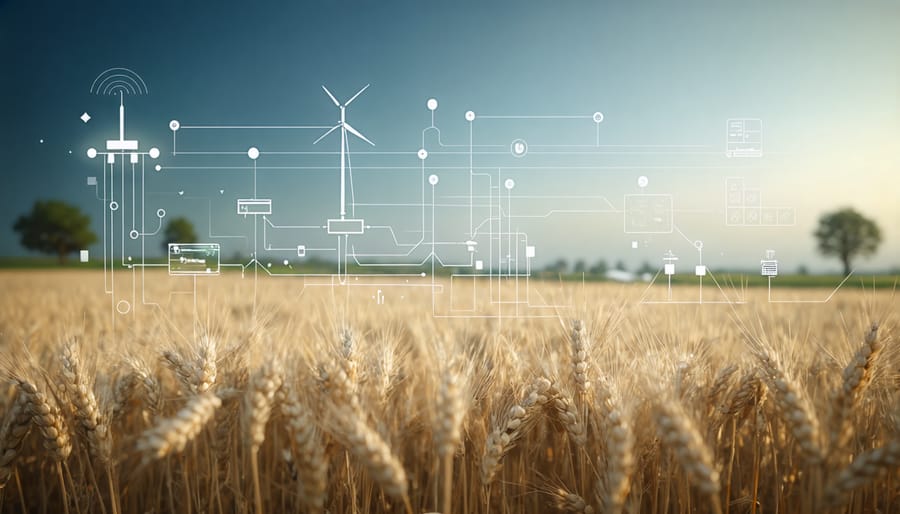 Close-up view of smart soil sensors deployed across agricultural field with data visualization overlay