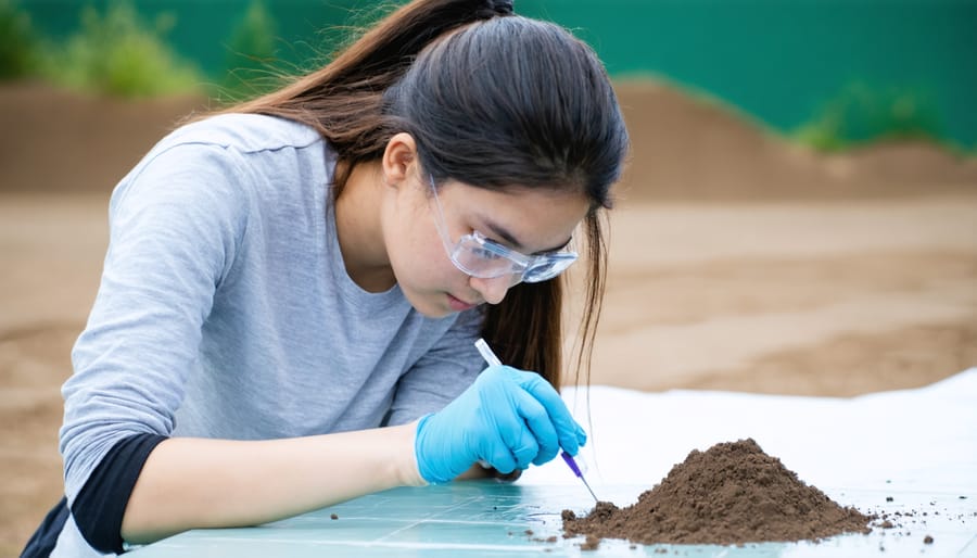 Young agricultural student analyzing soil samples in a laboratory setting
