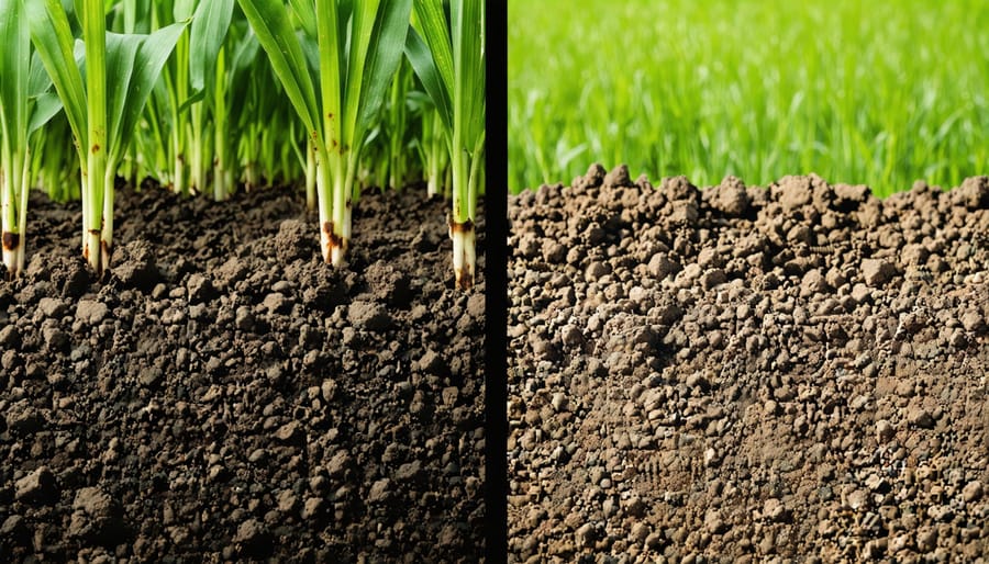 Side-by-side comparison of soil samples showing improved soil structure in integrated farming