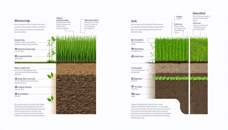 Side-by-side comparison showing soil samples from monocropped and diversified farming systems