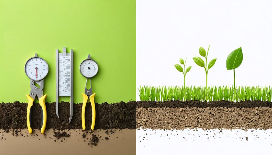Side-by-side comparison of soil health indicators showing sustainable versus unsustainable farming practices