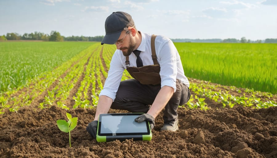 Soil health specialist conducting field tests while kneeling in a diverse crop field