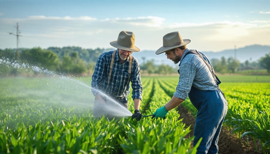 Agricultural expert demonstrating water-efficient irrigation techniques to a farmer in a crop field