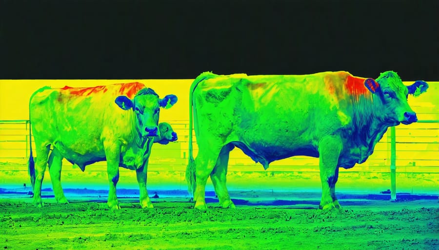 Infrared thermal image showing temperature variations in a dairy barn with visible heat signatures of livestock