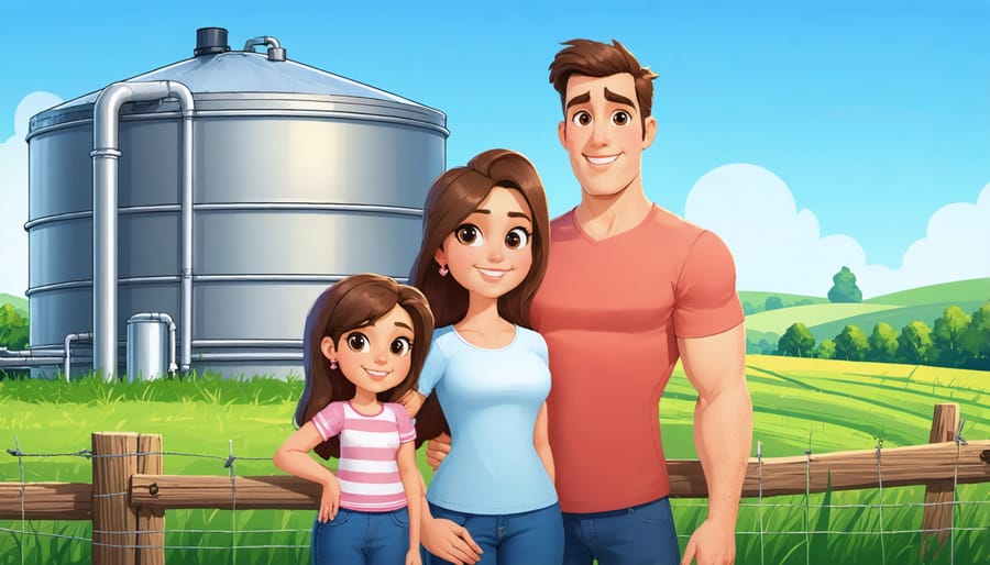 Farming family proudly showcasing their grant-funded water management installation