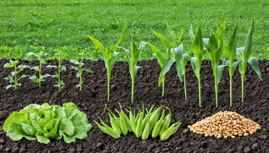 Traditional Three Sisters companion planting arrangement showing corn stalks supporting climbing beans with squash ground cover