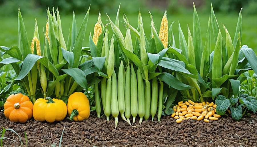 Healthy Three Sisters companion planting demonstration with corn stalks supporting climbing beans and squash spreading below