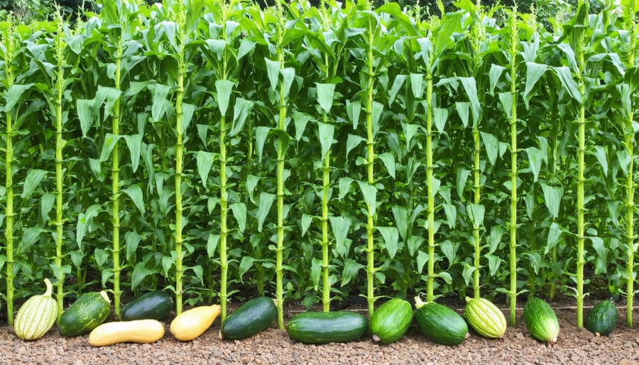 Indigenous Three Sisters companion planting demonstration with corn, beans, and squash growing together
