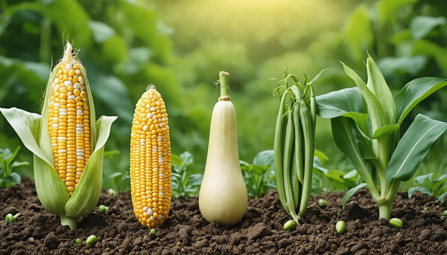 Three Sisters companion planting showing corn stalks supporting climbing beans with squash growing below