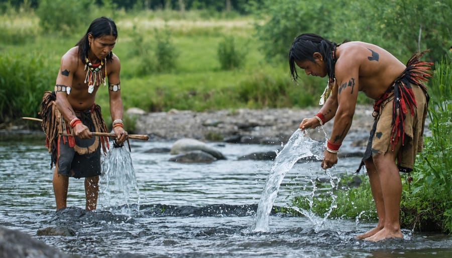 Indigenous people demonstrating traditional water harvesting techniques using natural materials