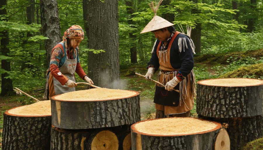 Indigenous people collecting maple sap using traditional methods with diverse understory vegetation