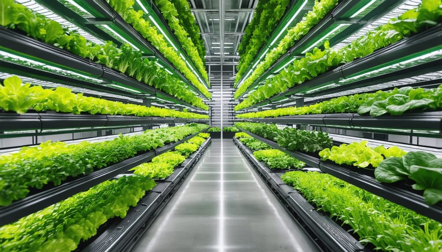 Interior view of a large-scale vertical farming operation with LED lighting systems and automated growing racks