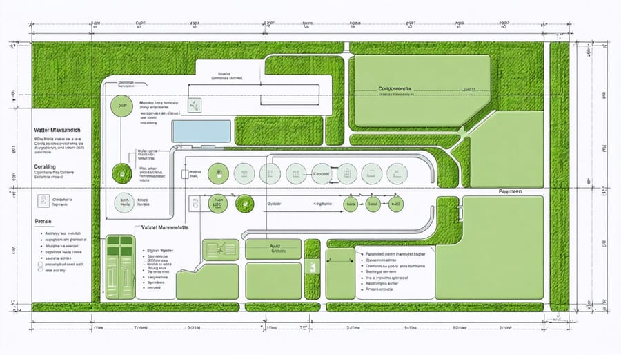 Detailed schematic of a decentralized water system components including storage, filtration, and distribution