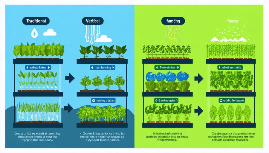 Visual comparison chart of water consumption: traditional farming vs vertical farming