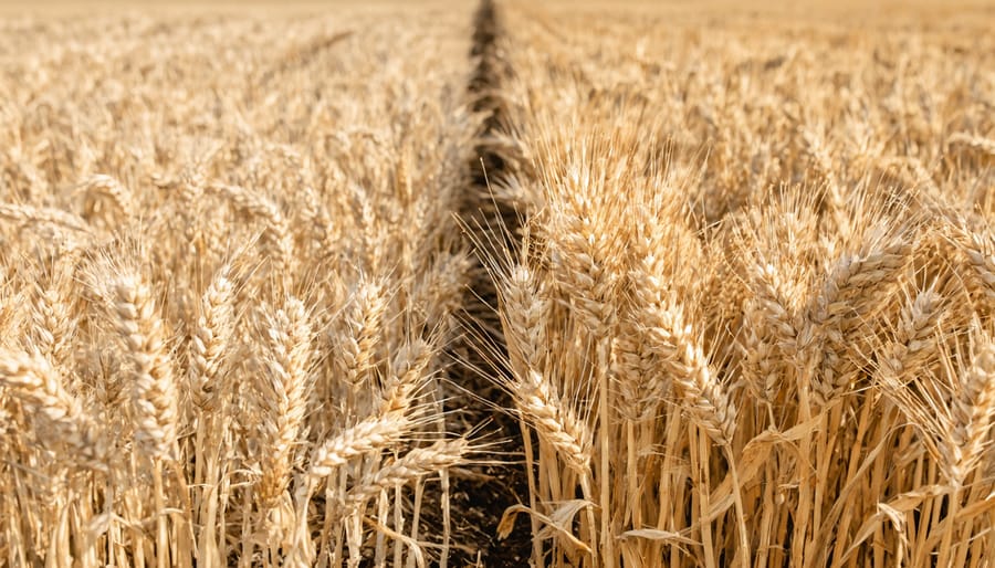Side-by-side comparison showing vibrant wheat growth in nanoparticle-treated soil versus stressed crops in untreated soil
