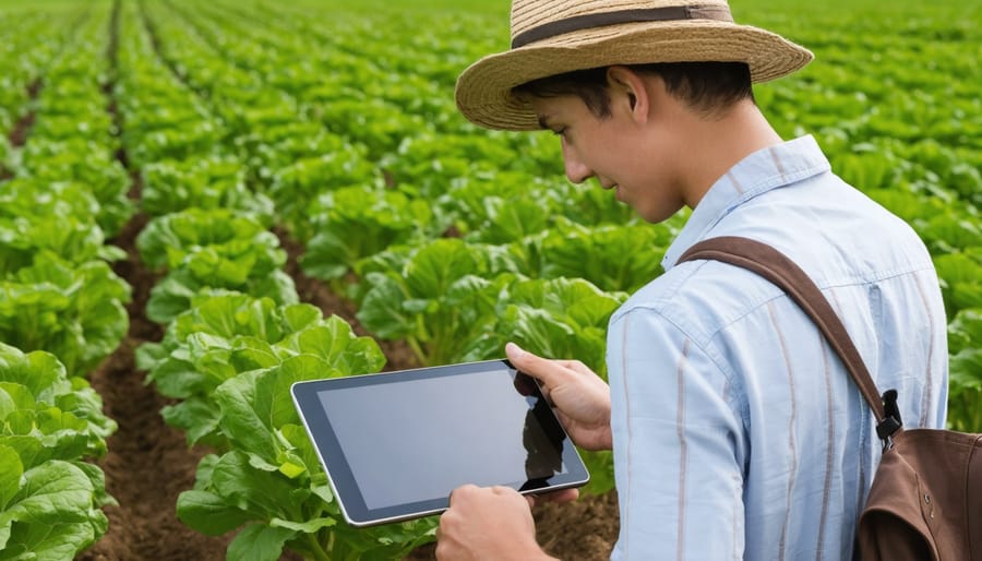 Students using agricultural technology apps on tablets during field training