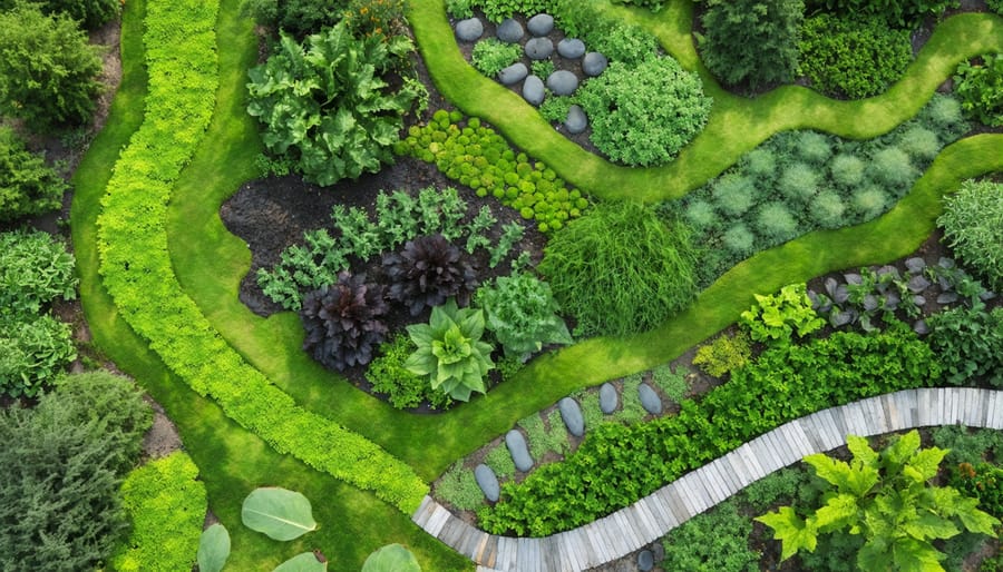 Bird's eye view of a well-designed edible ecosystem garden with diverse native plants and educational spaces