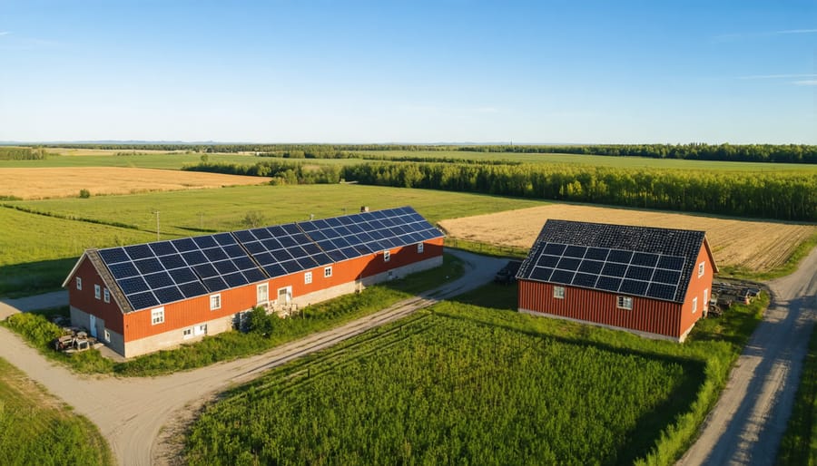 Bird's eye view of farm buildings with rooftop solar installations in rural Alberta