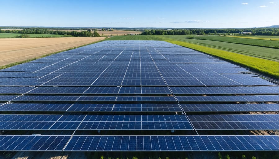 Solar panel array with visible IoT monitoring devices on a Canadian agricultural farm