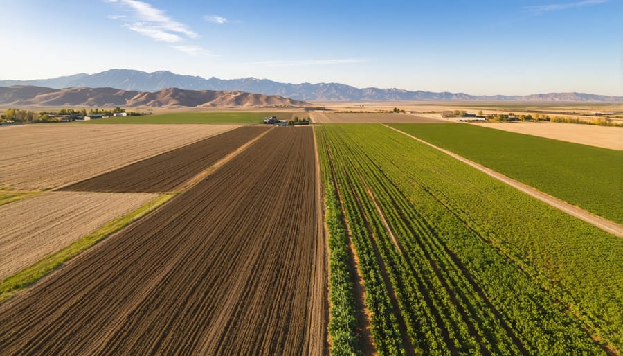 Bird's eye view of diverse drought-resistant crop fields in Southern Alberta