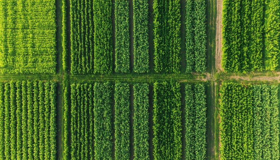 Bird's eye view of a sustainable Alberta farm with multiple crop sections and natural borders