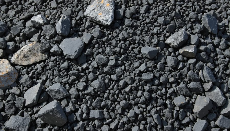 Finely crushed dark basalt rock particles being applied to farm soil