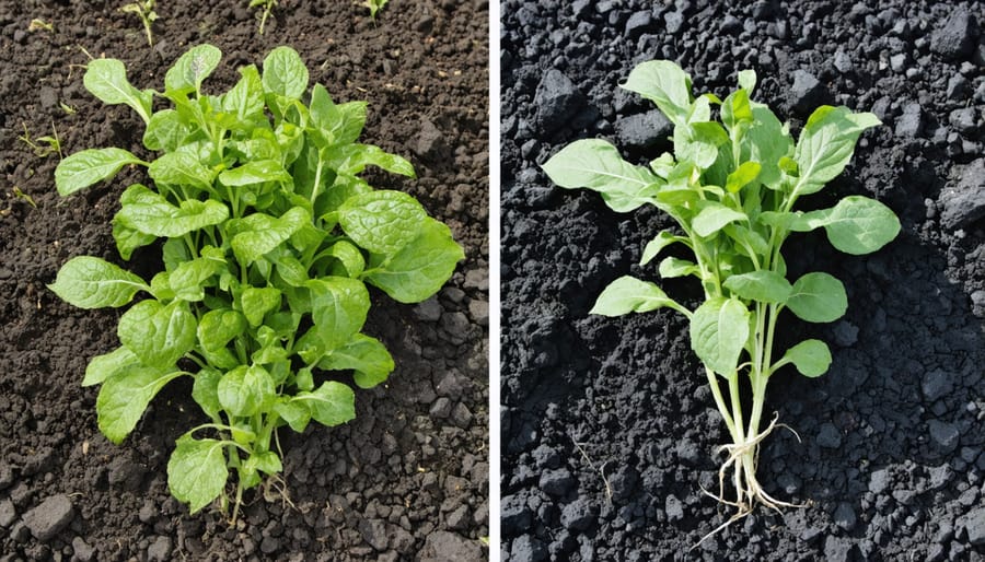 Comparison showing improved crop growth in biochar-treated soil versus untreated soil