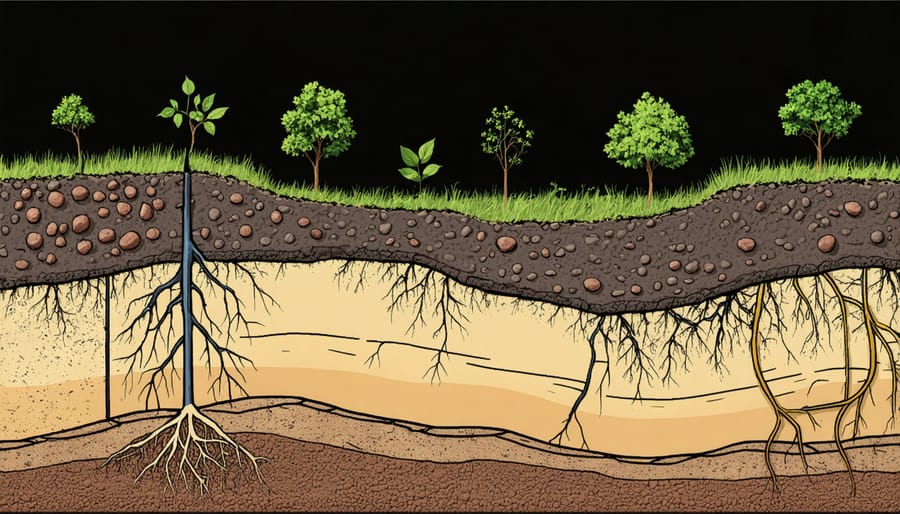Diagram showing how biochar particles improve soil structure and root development