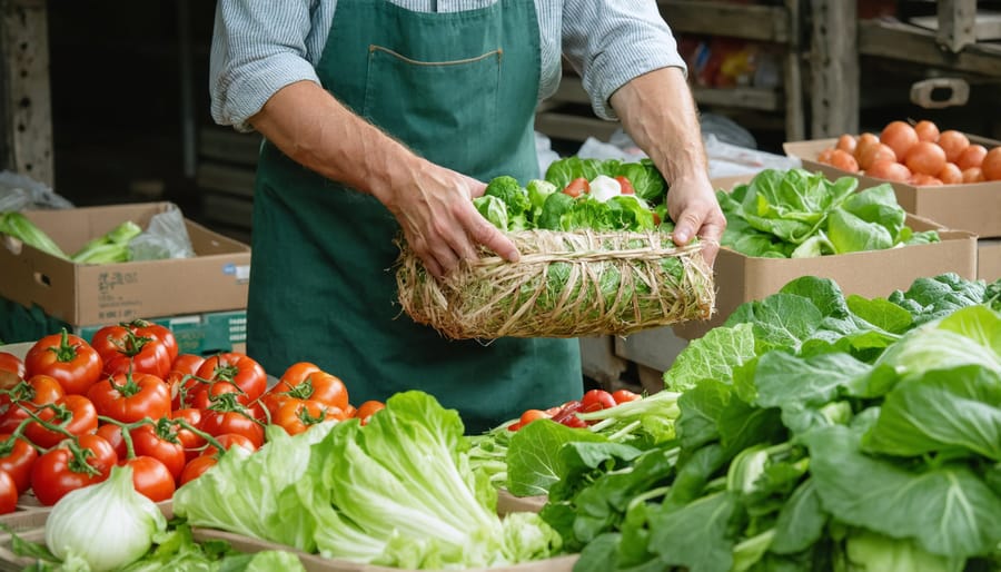 Agricultural worker carefully placing locally grown produce into eco-friendly packaging