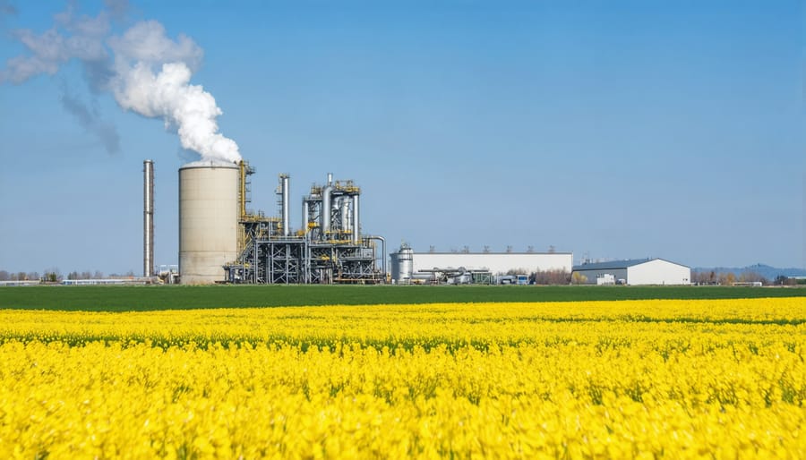 Aerial view of bright yellow canola field with industrial biodiesel processing plant on horizon