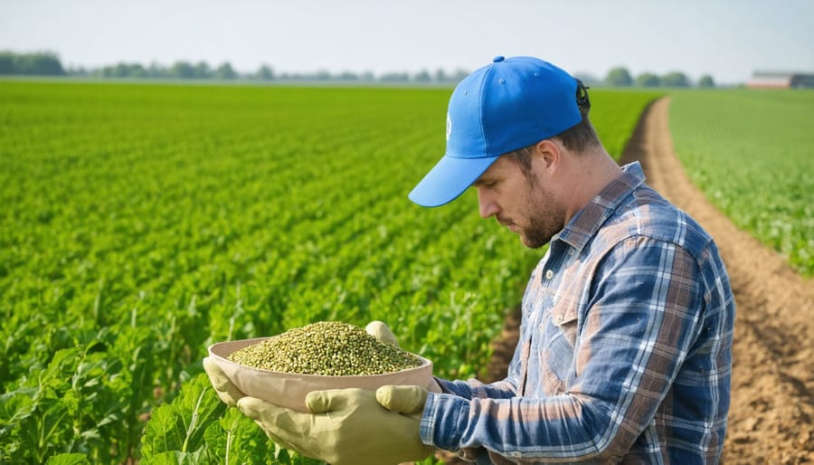 Farmer inspecting and collecting seeds from multiple crop varieties in an Alberta field