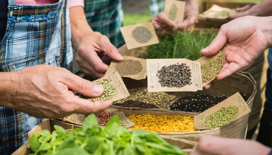 Group of prairie farmers sharing and discussing different seed varieties at a local seed exchange meeting