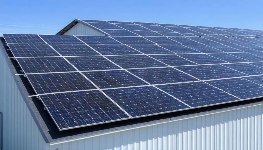Large solar panel installation on modern dairy farm building in Alberta