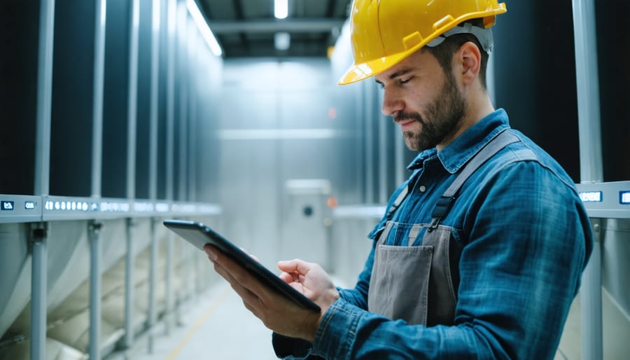 Agricultural worker using digital inventory management system in grain storage facility