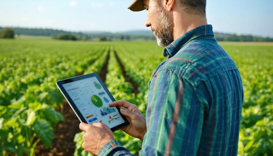 Canadian farmer using digital device for organic certification documentation in wheat field