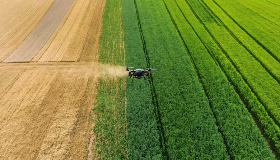 Agricultural drone conducting multispectral imaging over an organic wheat field in Alberta
