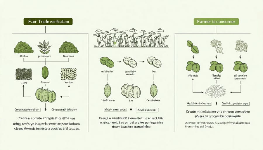 Visual diagram of fair trade certification steps and price distribution along the supply chain